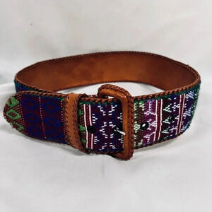 Woven Colorful Belt Brown Leather Boho